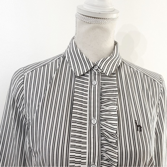 Hazzys WHITE GREY STRIPED BUTTON FRONT RUFFLE PLEATED SHIFT BOYFRIEND DRESS - Picture 4 of 11